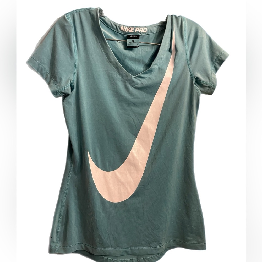 NIKE PRO aqua COMPRESSION athletic V NECK T SHIRT Women sz Medium Run Workout